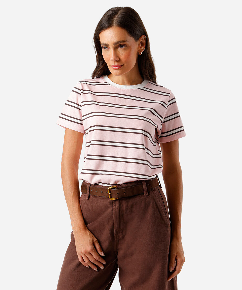 camiseta feminina básica duas listras rosa