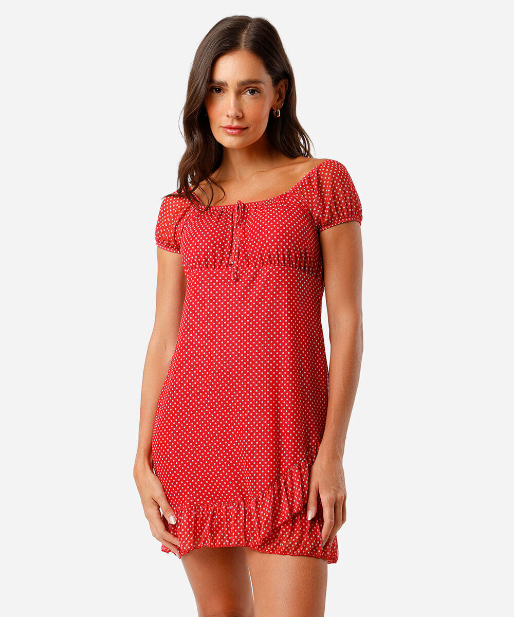 vestido feminino de tule estampado poá vermelho