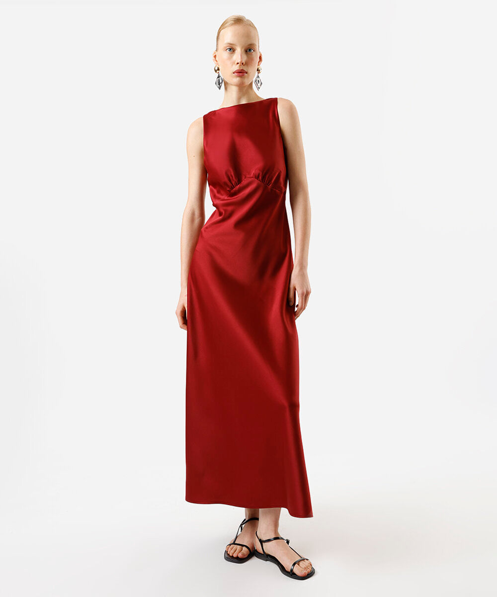 vestido feminino longo liso com franzido vinho