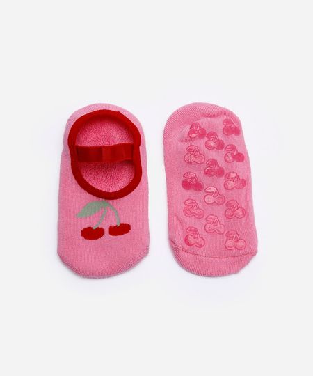meia infantil cerejinha com antiderrapante rosa 26-29