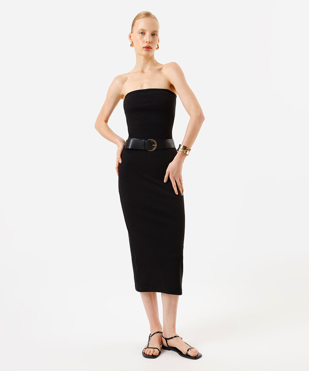 vestido midi sem alça canelado feminino de algodão preto