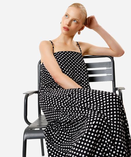 vestido midi feminino decote reto poá preto M vestido midi feminino decote reto poá preto M