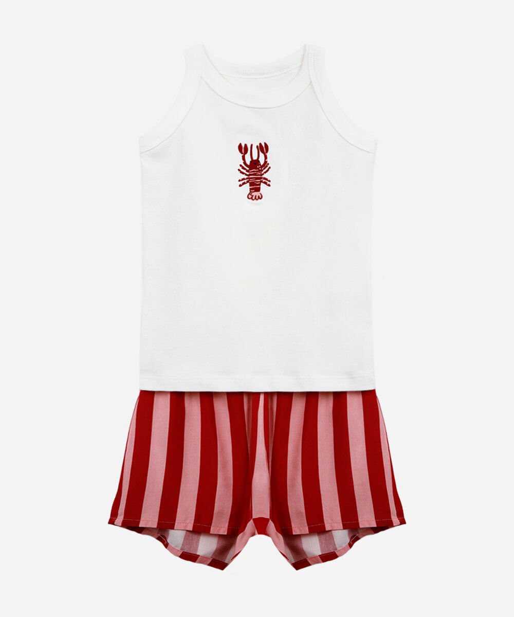 pijama infantil mini me lagosta com bolsa vermelho