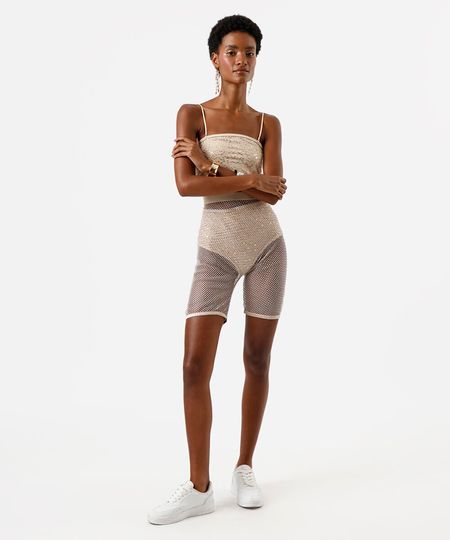 bermuda biker feminina de tela com brilhos bege P
