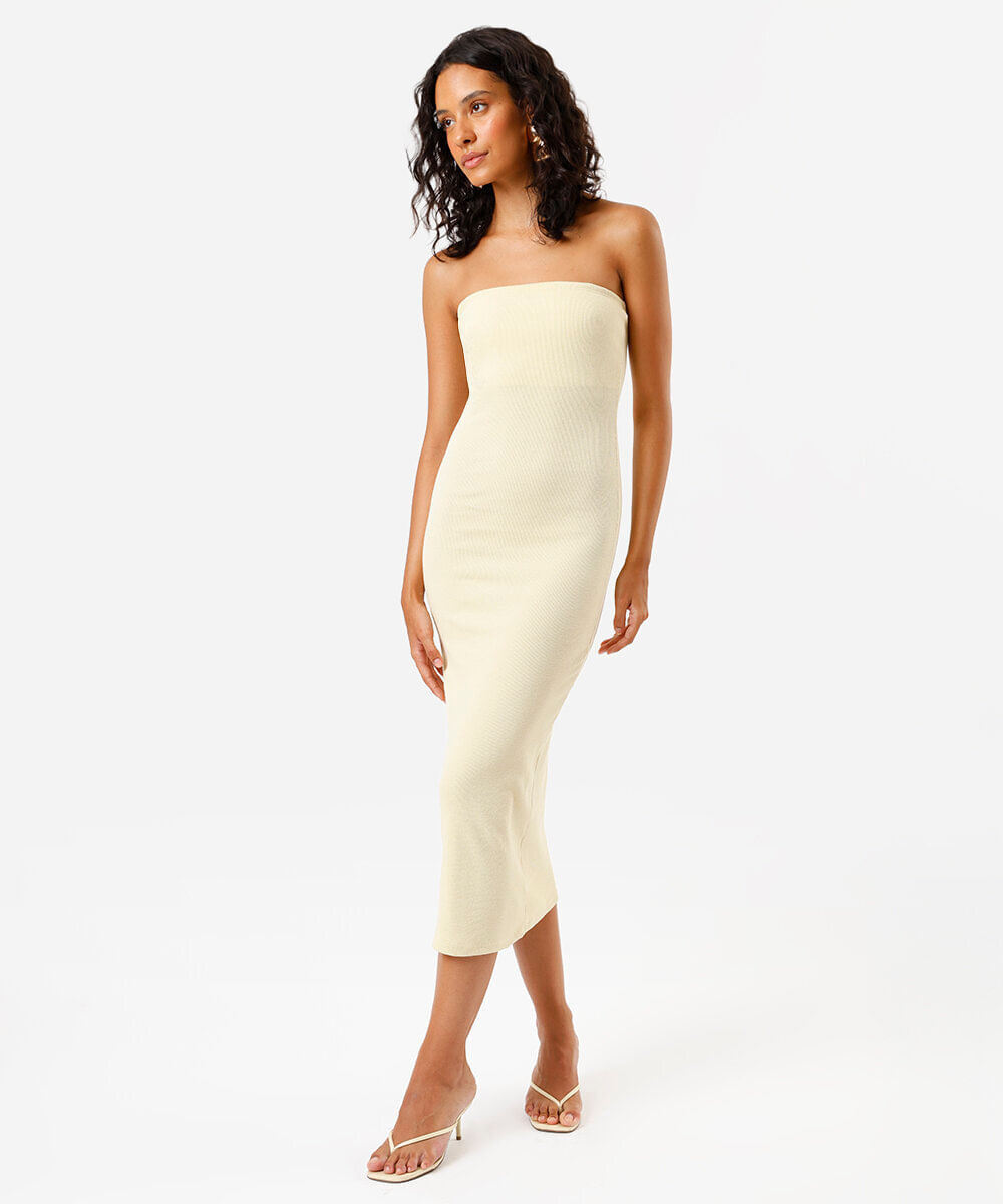 vestido midi sem alça canelado feminino de algodão amarelo