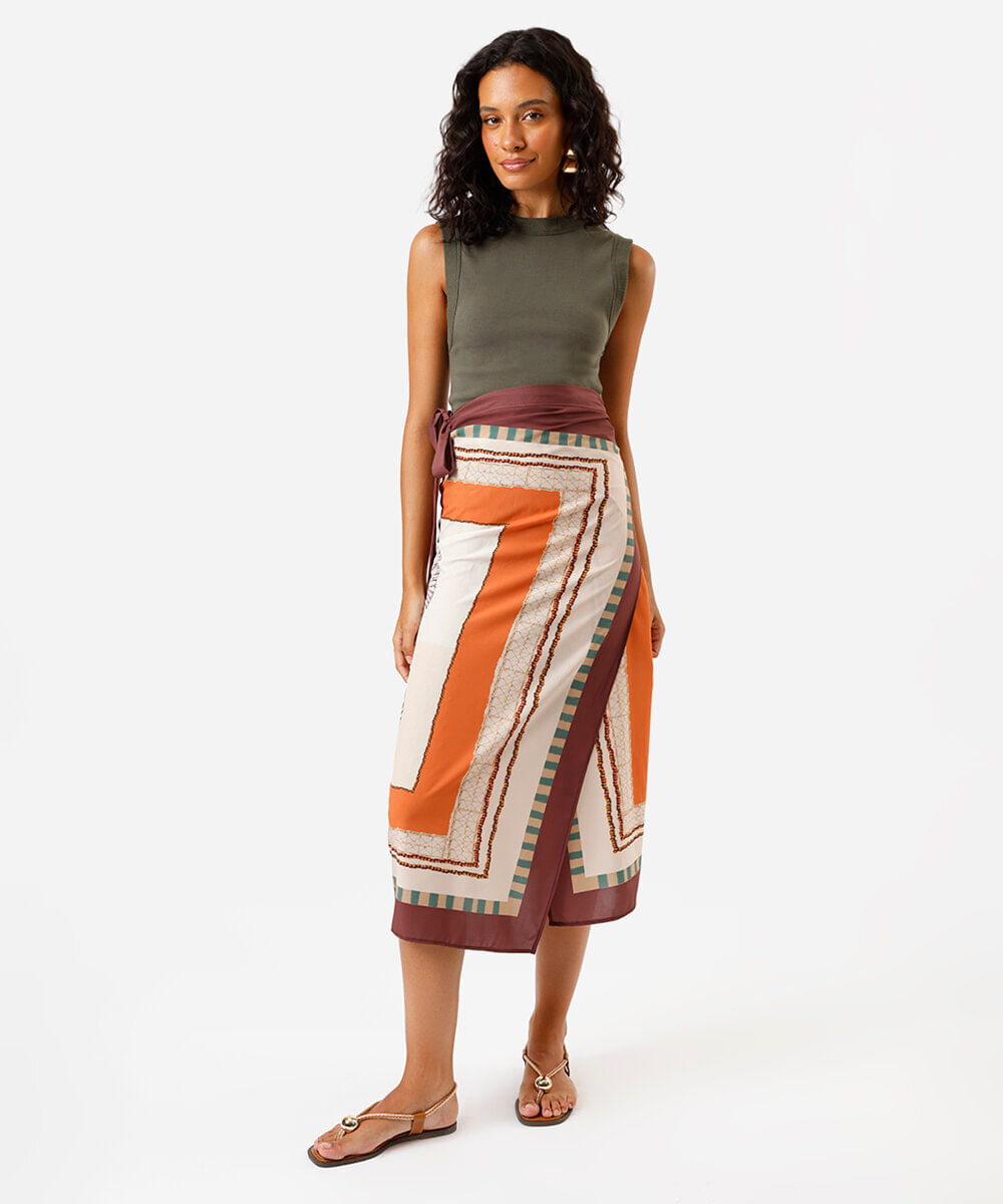 saia midi pareô feminina estampada marrom