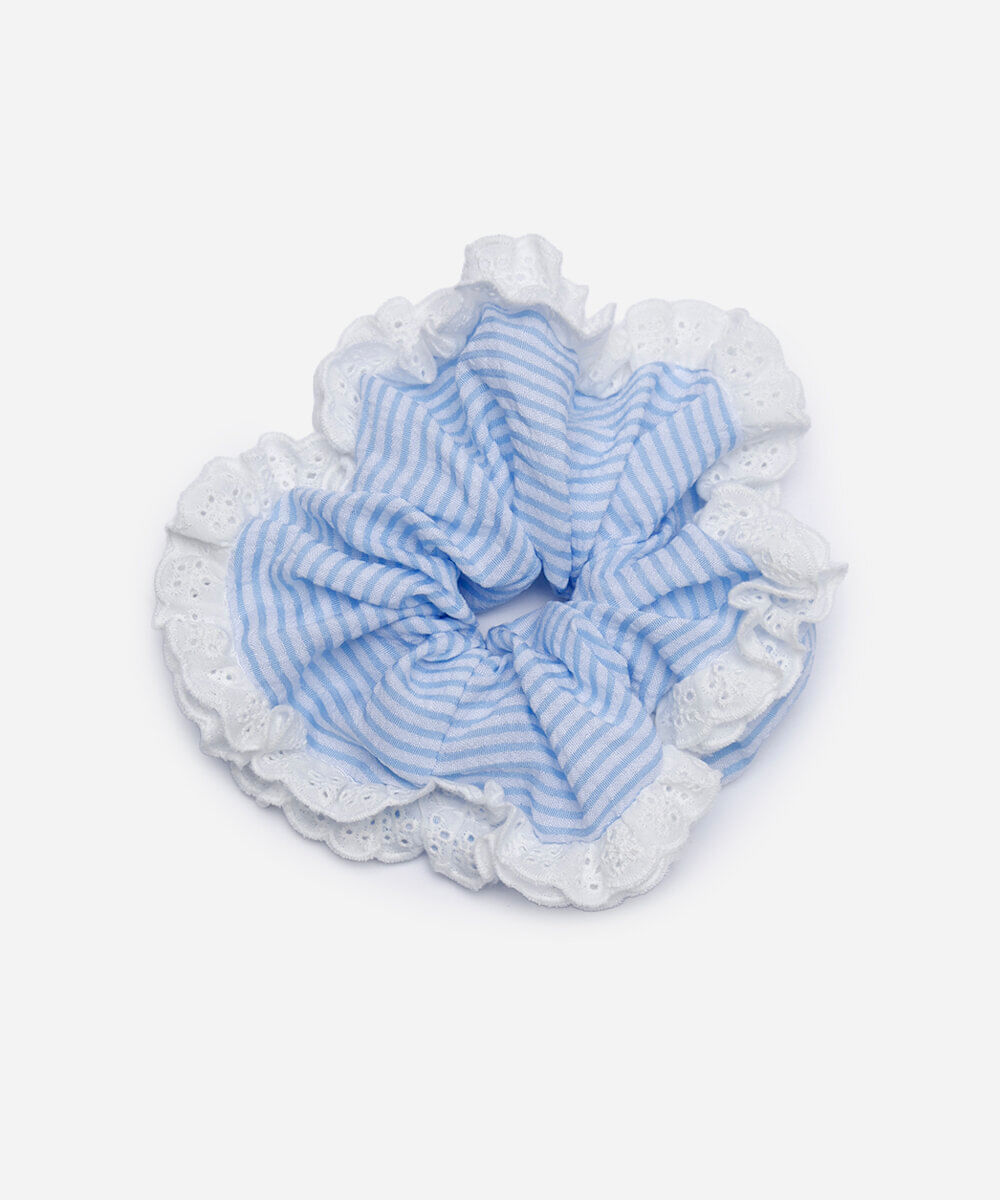 elástico de cabelo srunchie listrado com laise azul