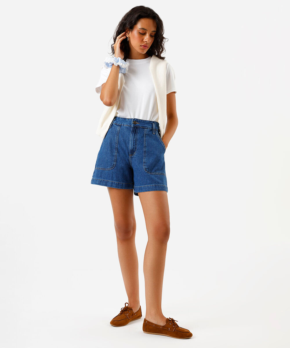 bermuda feminina midi cintura super alta jeans azul