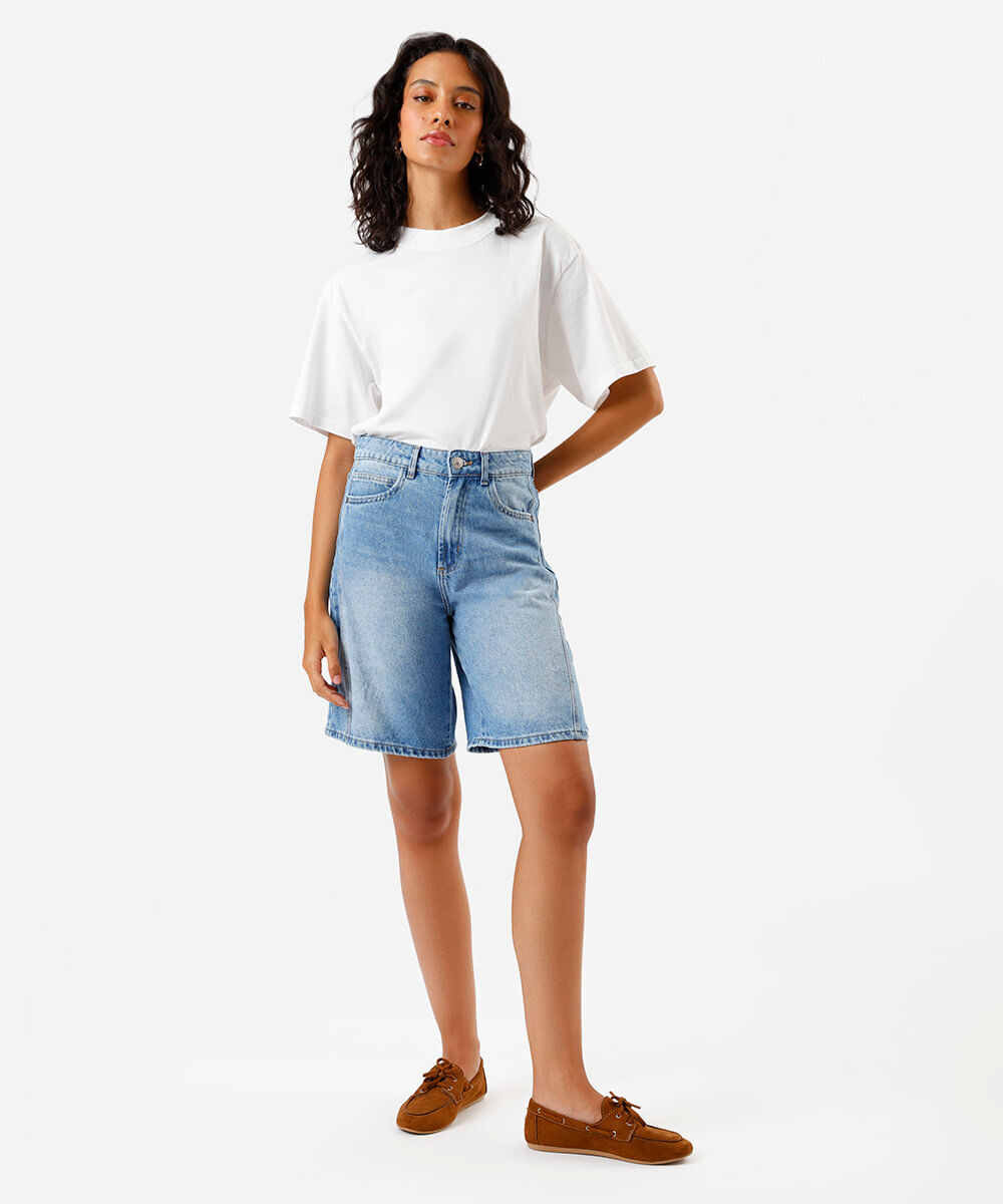 bermuda feminina jeans cintura alta azul