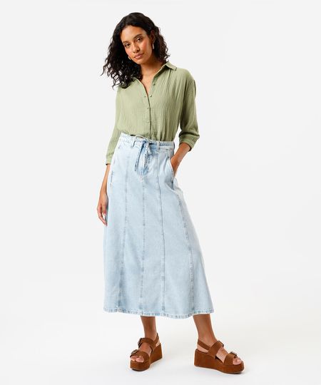 saia midi feminina jeans com cinto azul 40 saia midi feminina jeans com cinto azul 40