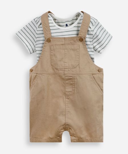 jardineira infantil sarja com camiseta listrada bege 6-9 jardineira infantil sarja com camiseta listrada bege 6-9