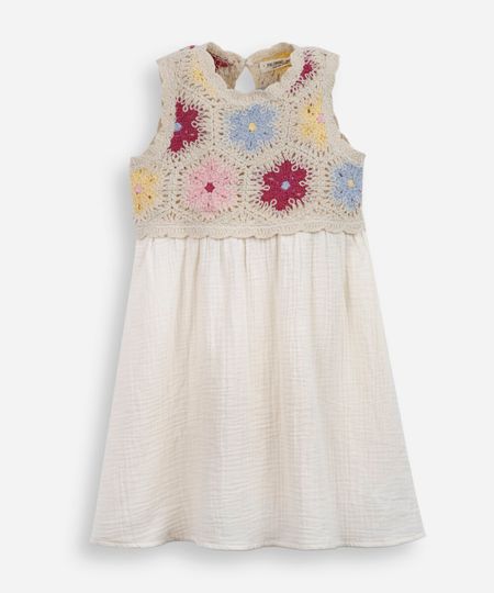 vestido curto infantil texturizado crochê bege 8