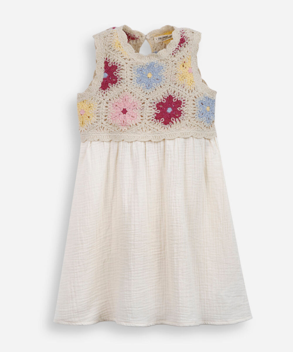 vestido curto infantil texturizado crochê bege