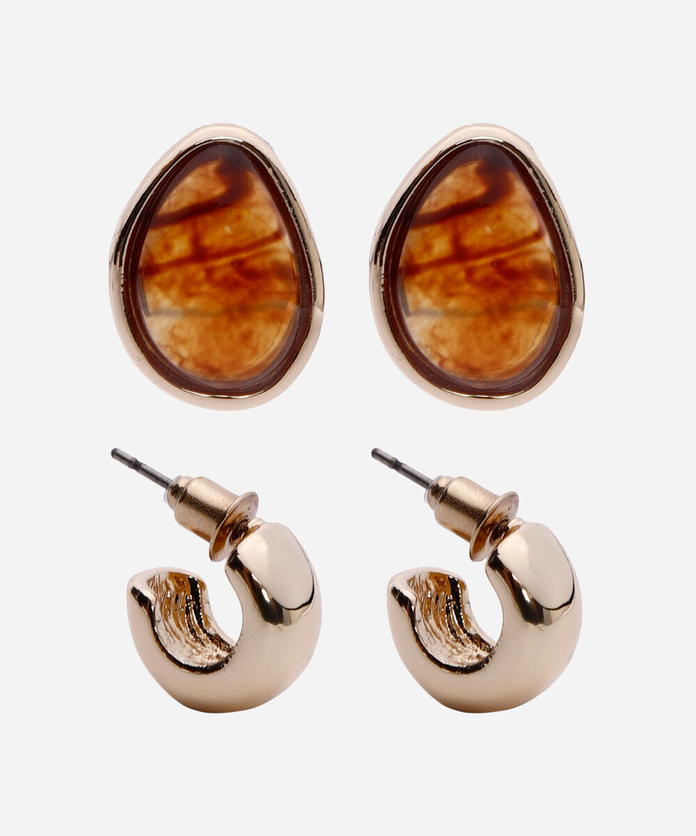 kit de 2 brincos argola e gota com resina dourado