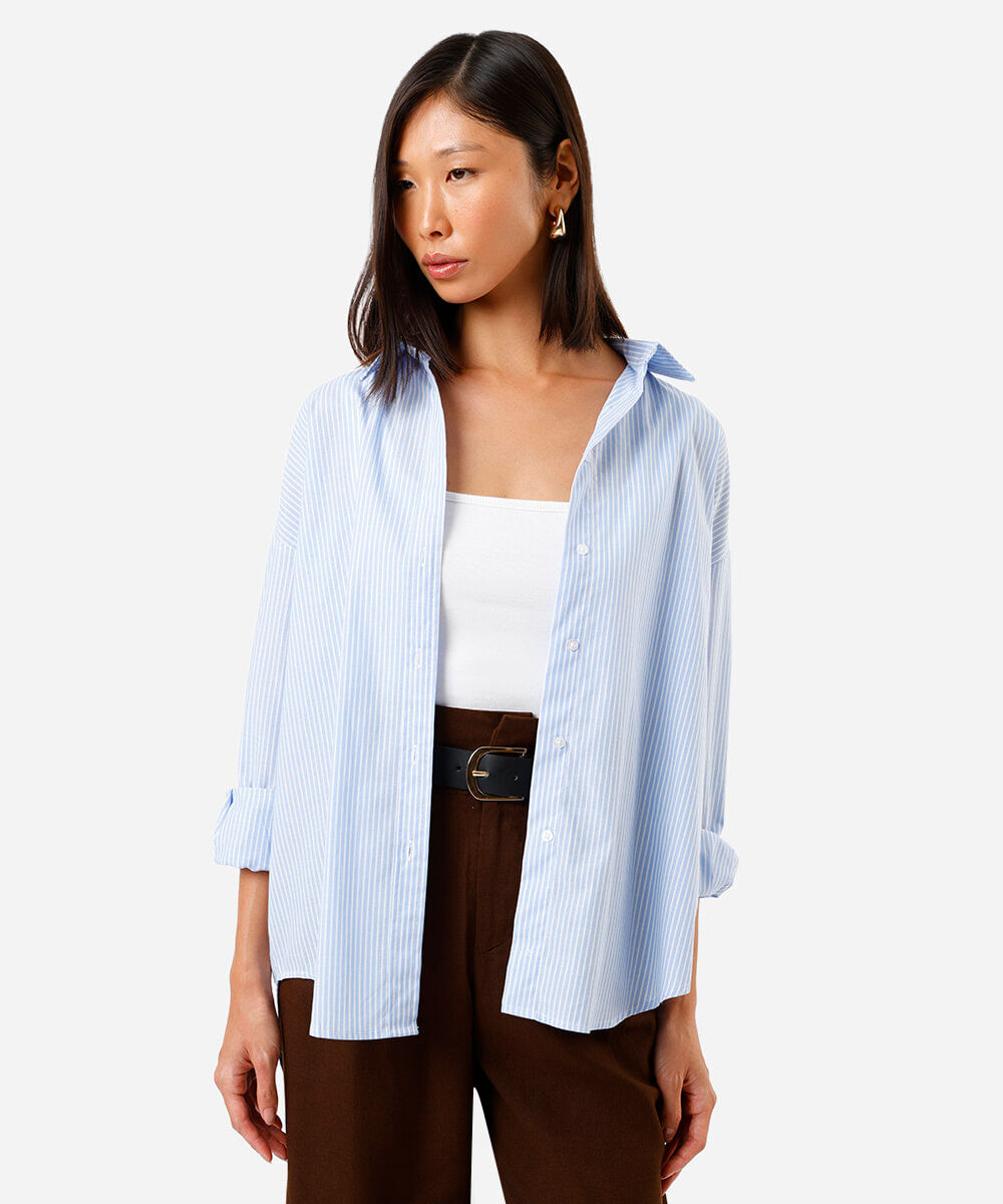 camisa oversized feminina de algodão listrada azul