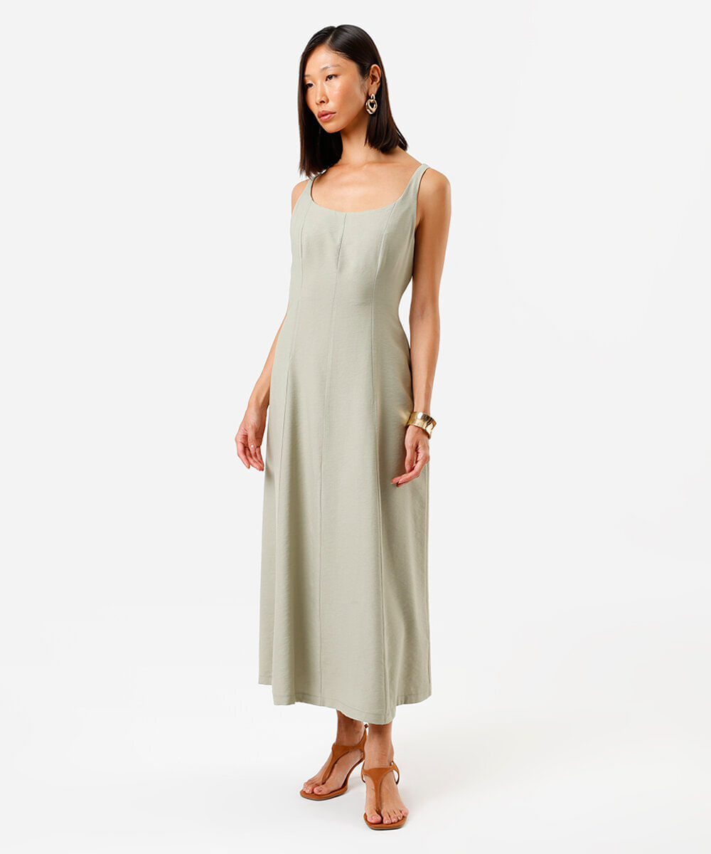 vestido midi feminino de viscose evasê com recortes verde