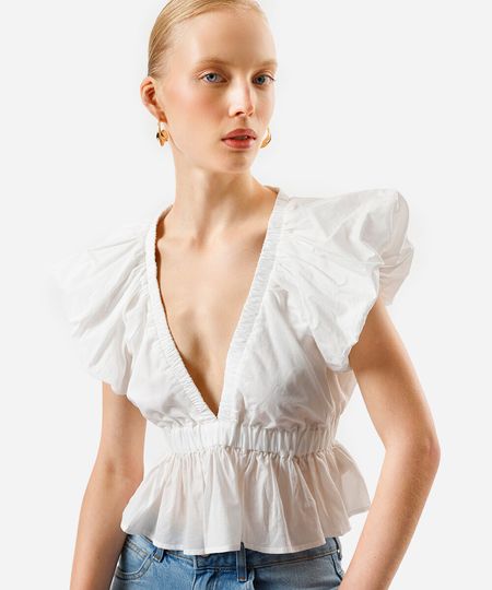 bata feminina decote v com babados off white M bata feminina decote v com babados off white M