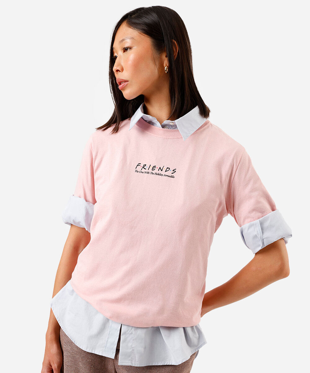 camiseta feminina de algodão com mangas curtas friends rosa