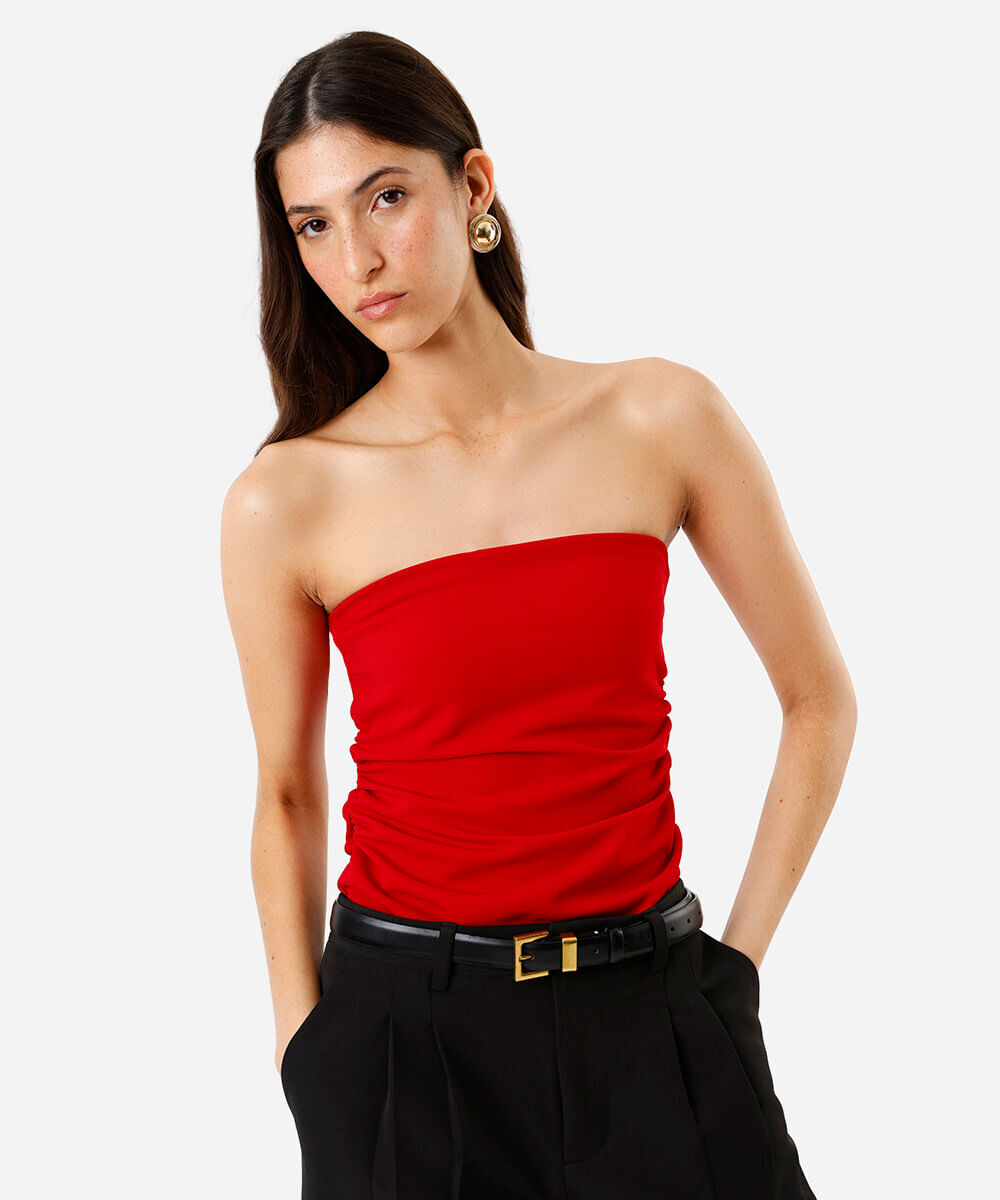 blusa sem alça feminina com franzidos vermelha