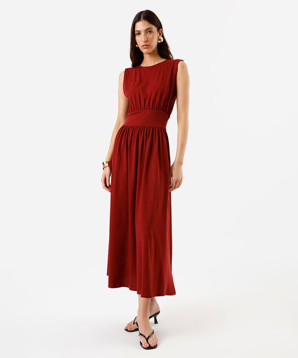 vestido midi feminino de algodão decote redondo vinho M