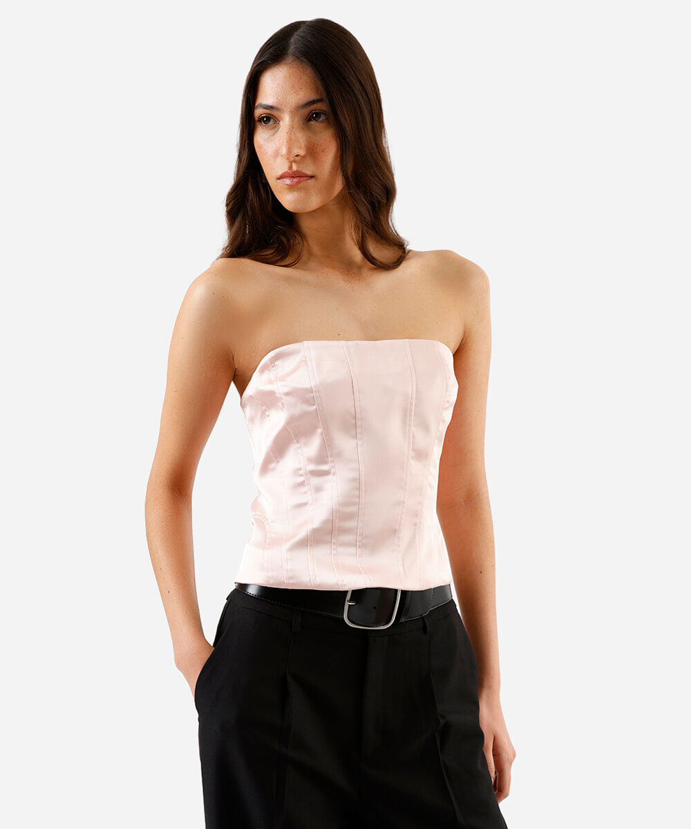blusa corset feminina com recortes acetinada rosa
