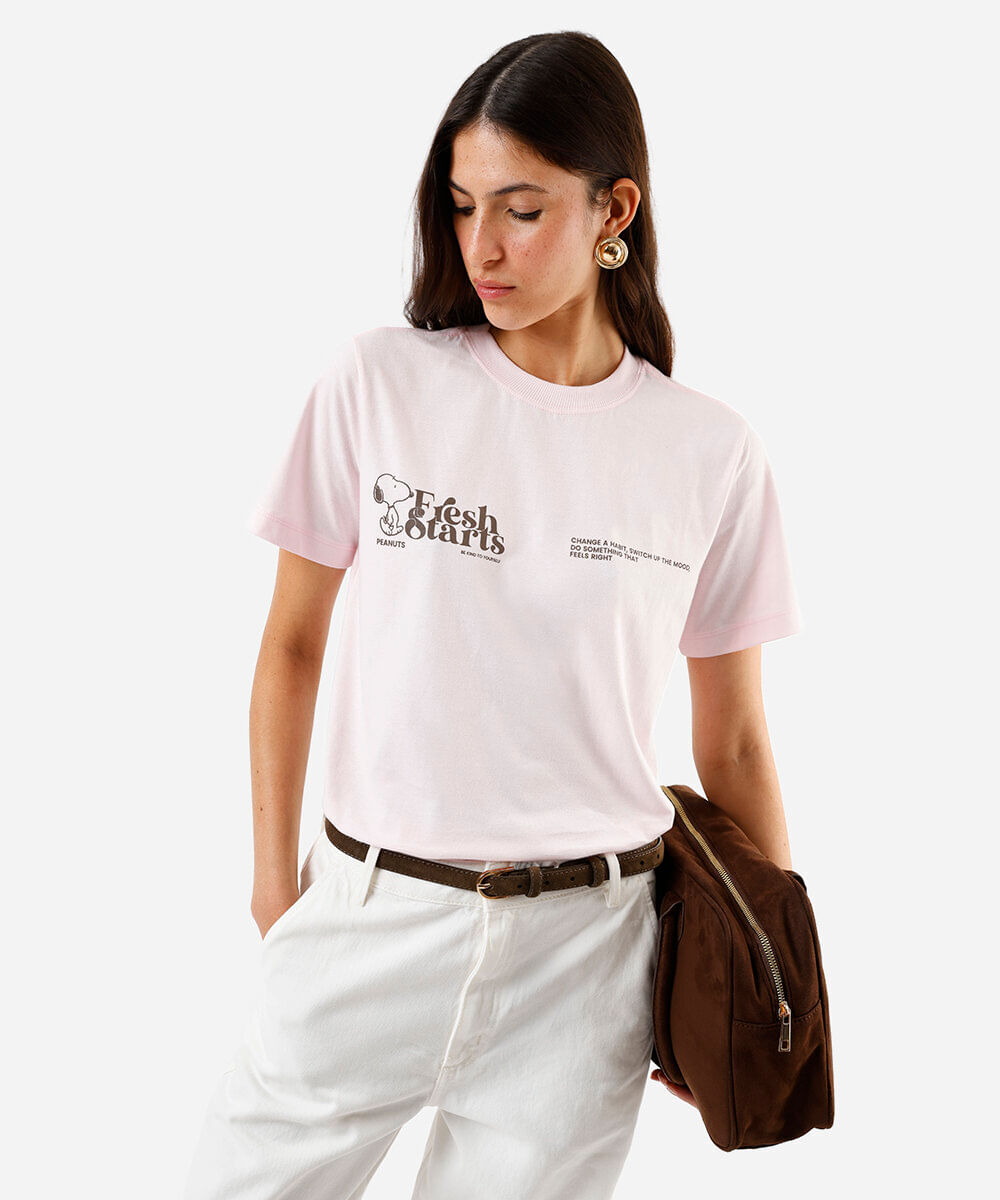 camiseta feminina de algodão snoopy rosa