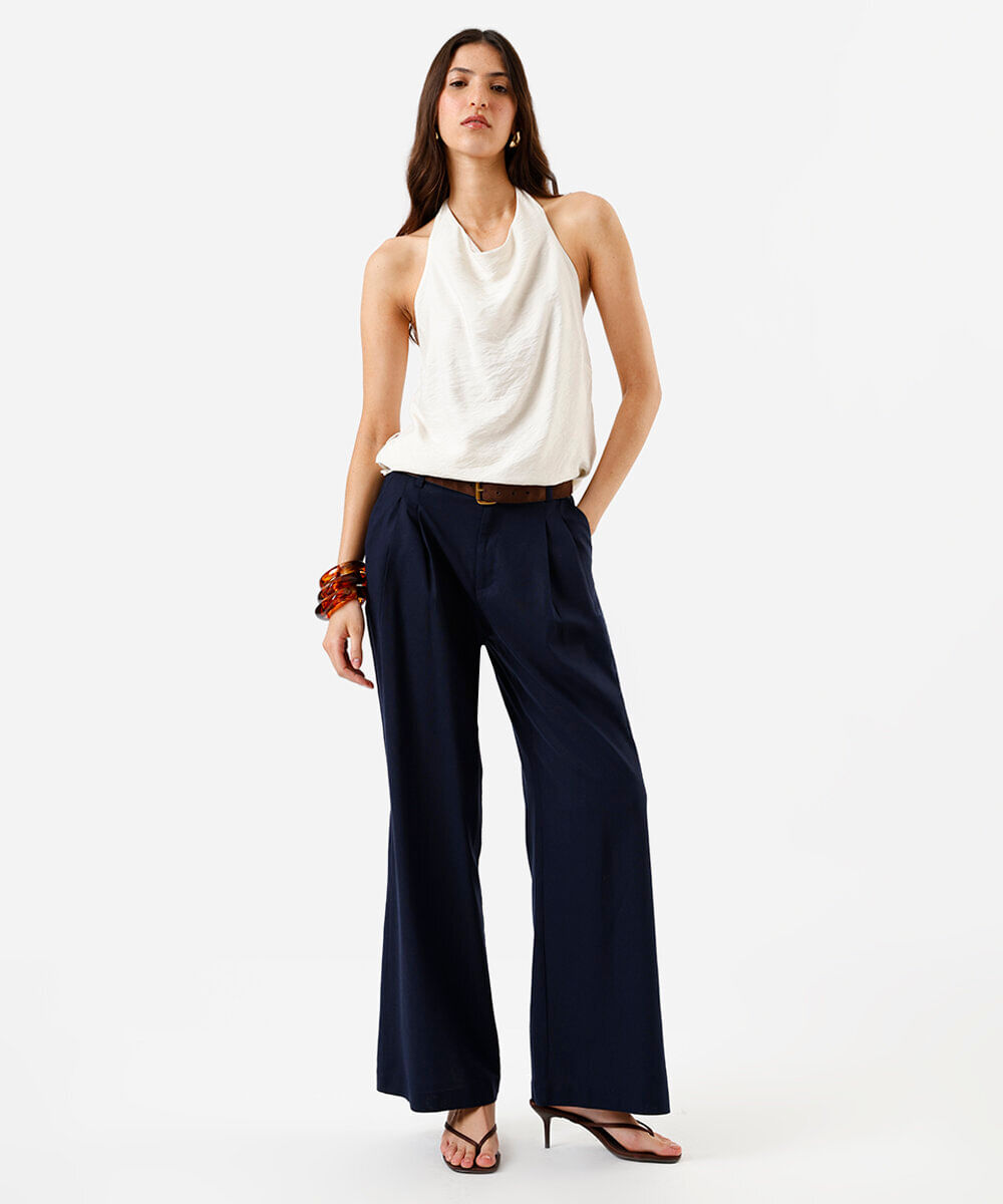 calça wide leg feminina de alfaiataria com linho e pregas azul