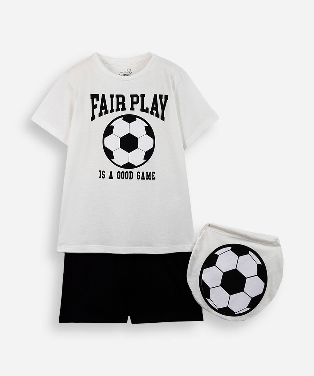pijama infantil bola de futebol com saquinho off white