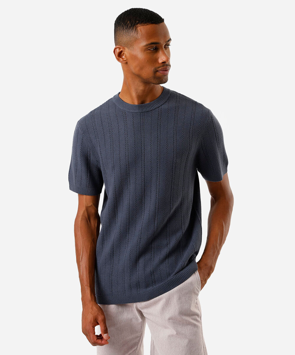 camiseta masculina de tricô manga curta azul