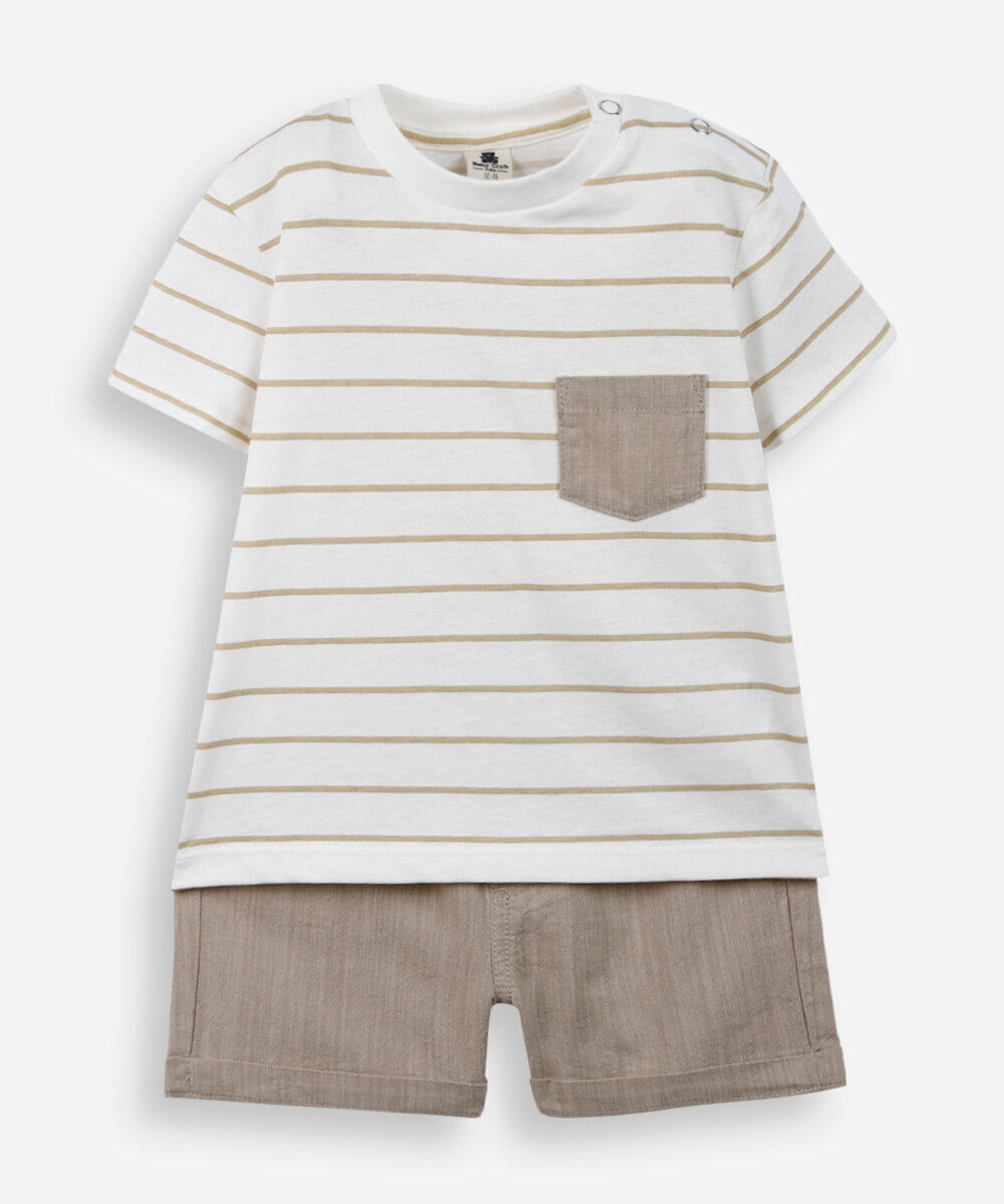 conjunto baby camiseta listrada e short bege
