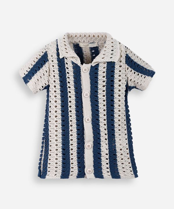 camisa infantil de tricot manga curta listrada bege 1