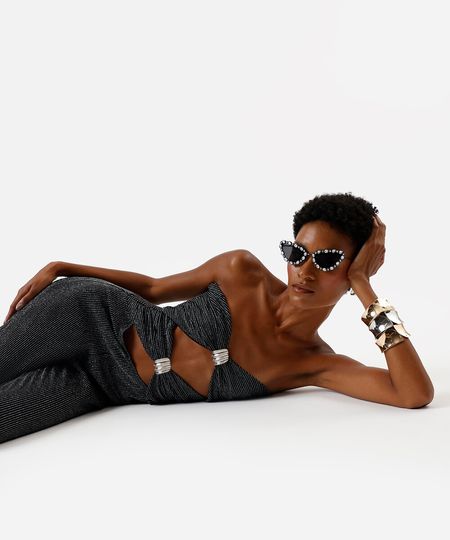 macacão sem alça feminino com recortes e lurex preto PP