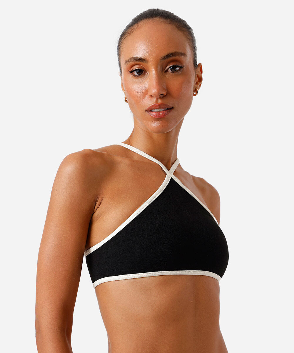 biquÃni top halterneck feminino bicolor preto