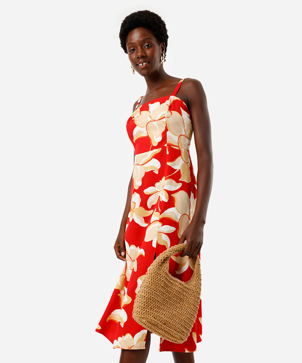 vestido midi feminino de viscose com fenda floral vermelho