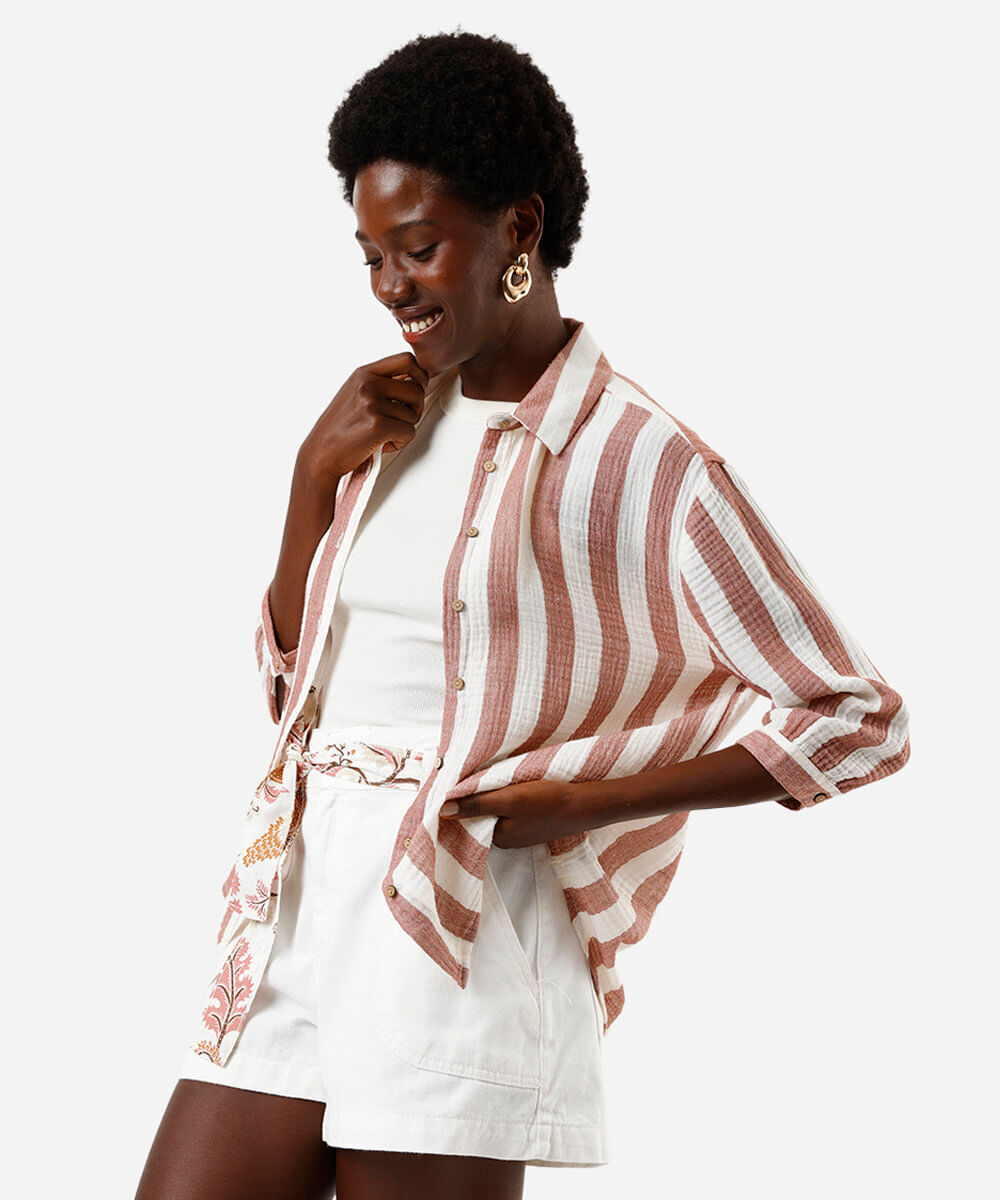 camisa feminina de algodão listrada texturizada rosa