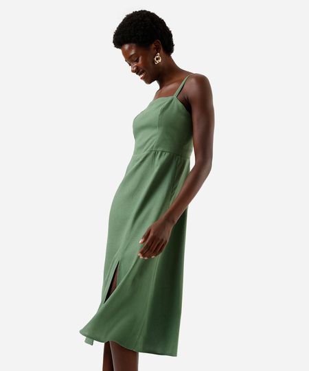 vestido midi feminino com linho e fenda verde M vestido midi feminino com linho e fenda verde M