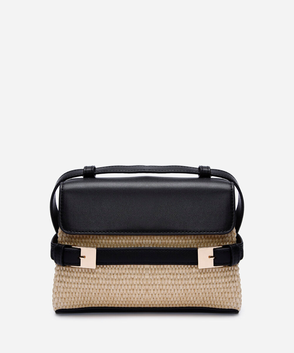 bolsa crossbody palha e detalhe de fivela bege