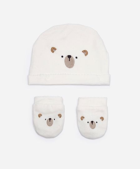 kit infantil de touca e luva com carinha urso off white UNICO