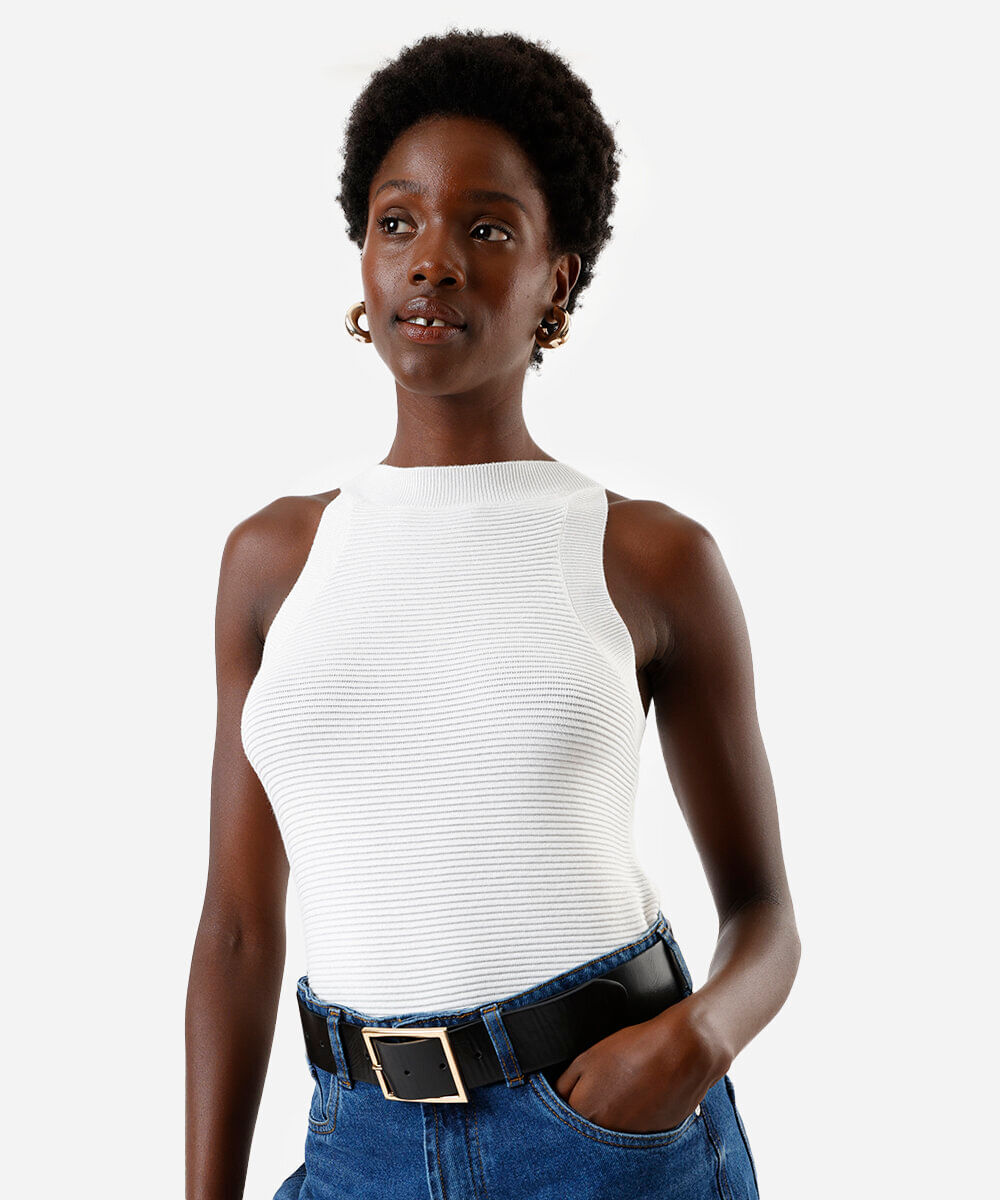 regata halterneck feminina de tricot texturizada off white