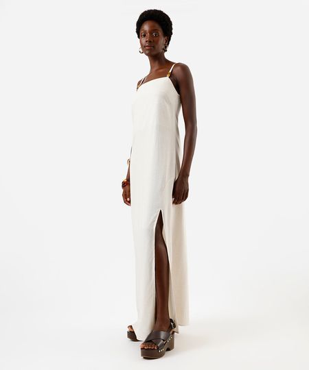 vestido longo alça fina feminino com linho e fenda bege M