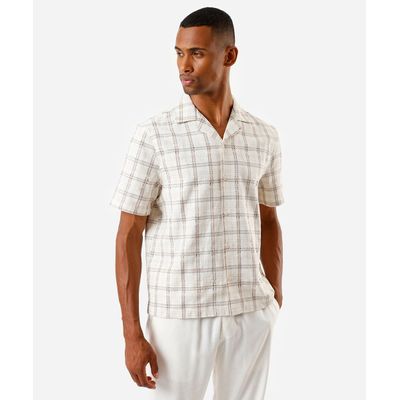 camisa masculina manga curta xadrez texturizada bege