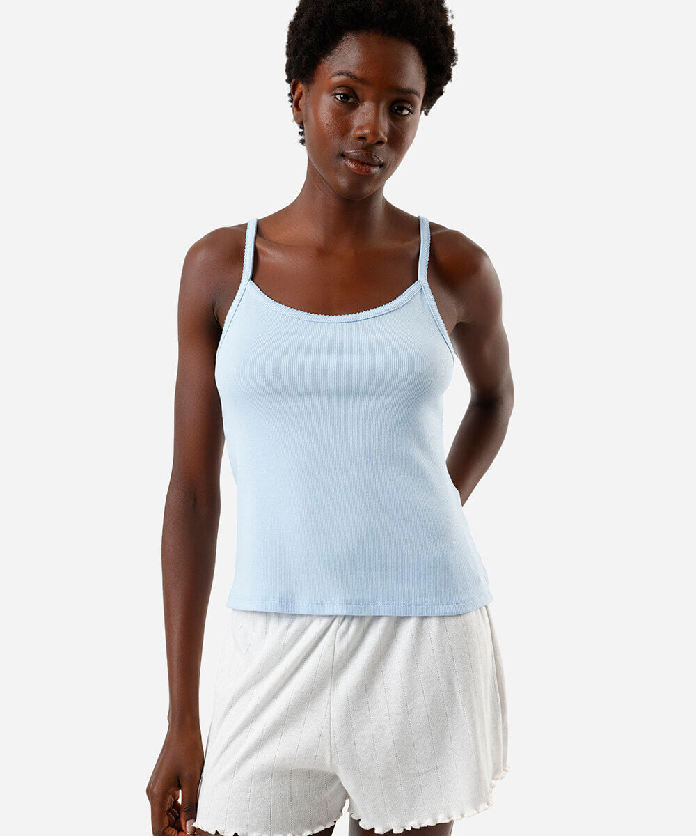 Vista 2 regata de pijama feminina com algodão alça fina canelada C&A OFF White C&A OFF White