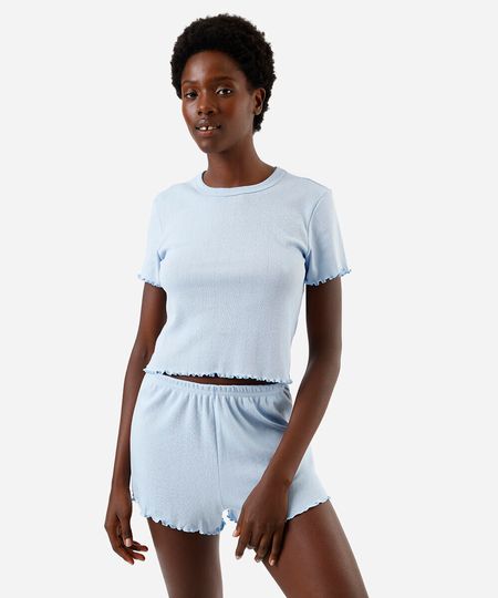 short de pijama feminino avulso com barra frufru azul PP