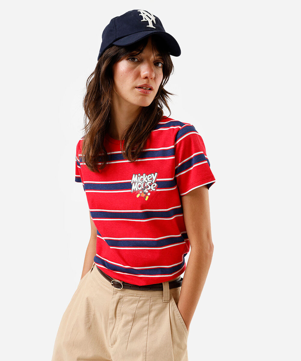 camiseta feminina listrada mickey vermelha