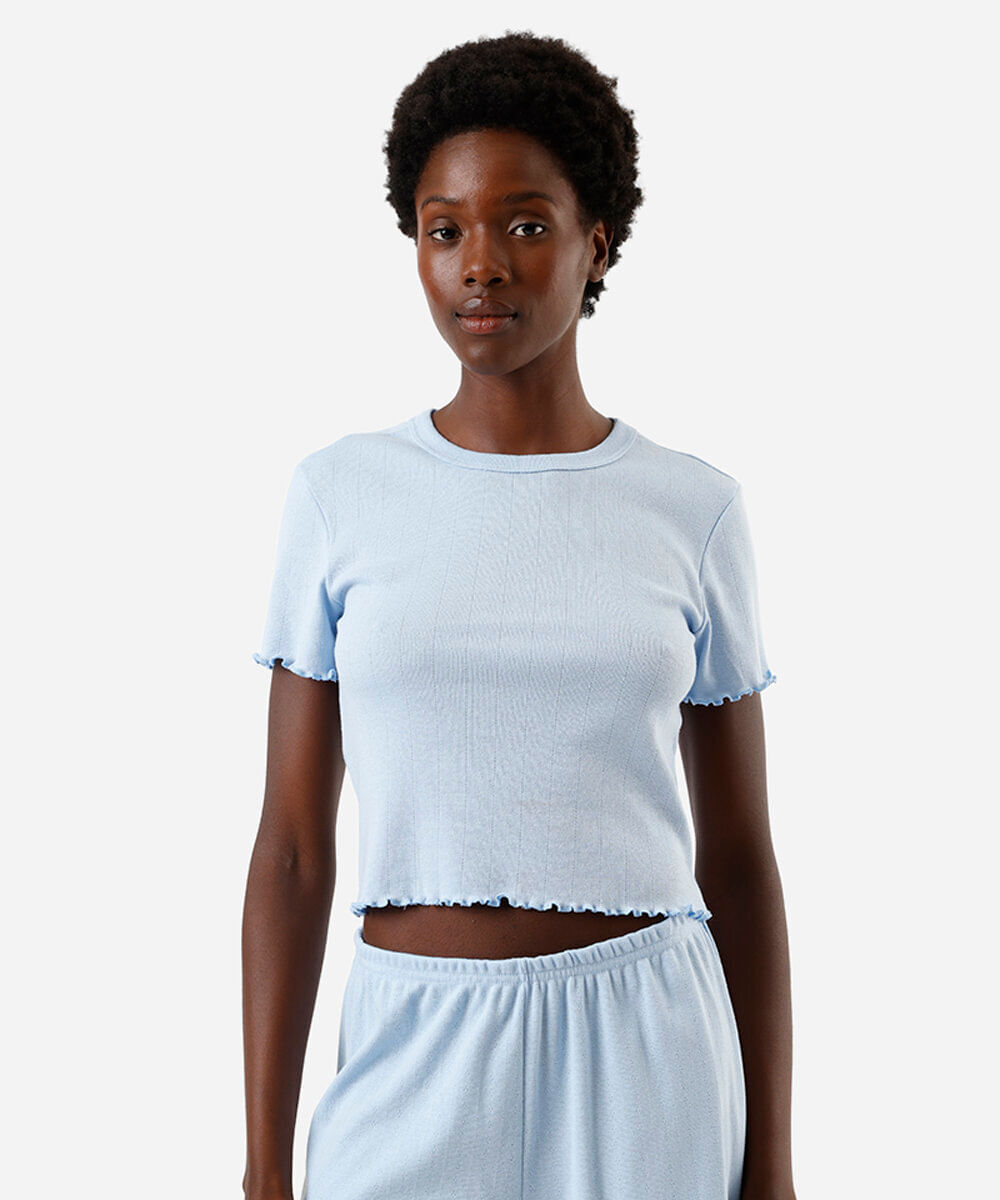 camiseta de pijama feminina avulsa canelada frufru azul