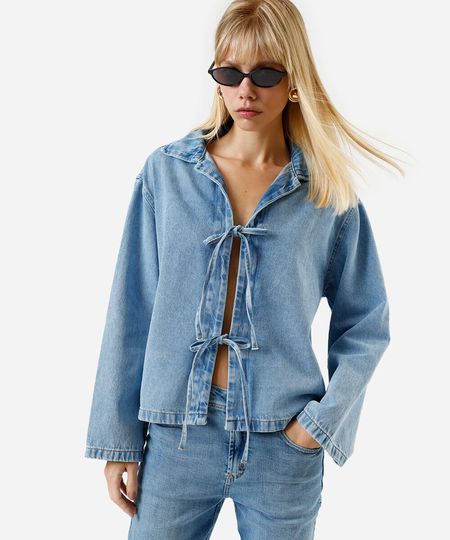 jaqueta feminina jeans laços azul P jaqueta feminina jeans laços azul P