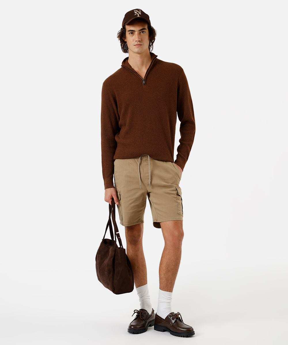 bermuda cargo masculina de sarja cós elástico bege