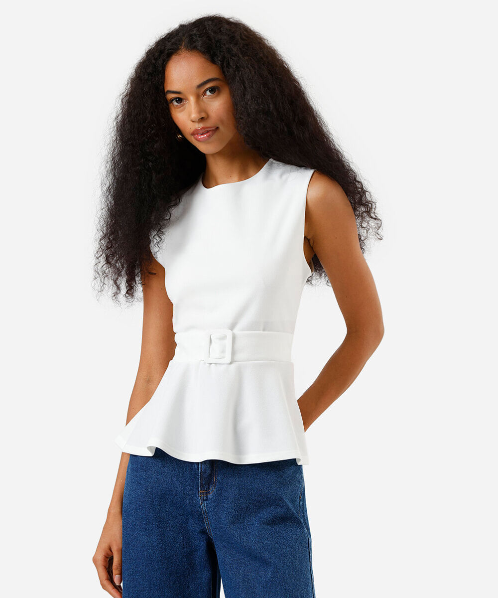 blusa feminina em peplum com cinto forrado off white