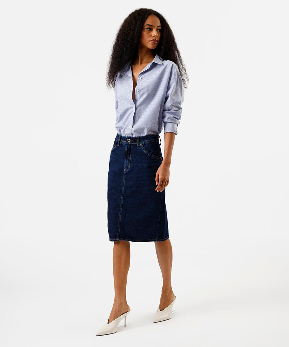 saia midi feminina jeans com fenda azul