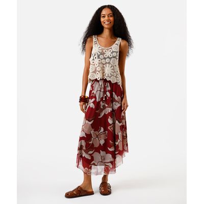 saia midi de tule floral vinho